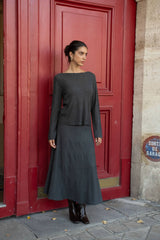 Choklate Paris langer Strickrock Grau mit Rippstruktur und hohem Bund