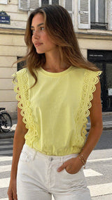 Choklate Paris Crop-Top aus Baumwolle mit Spitzenbesatz – Gelb