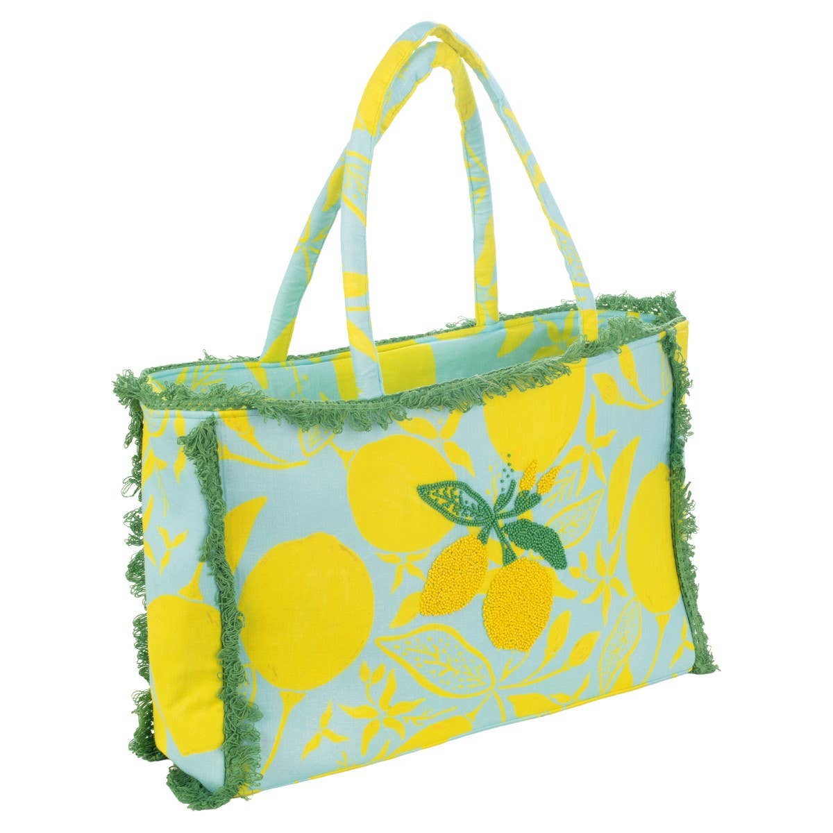 Isla Bonita by SIGRIS Tasche mit Zitronenprint & Perlenstickerei Gelb