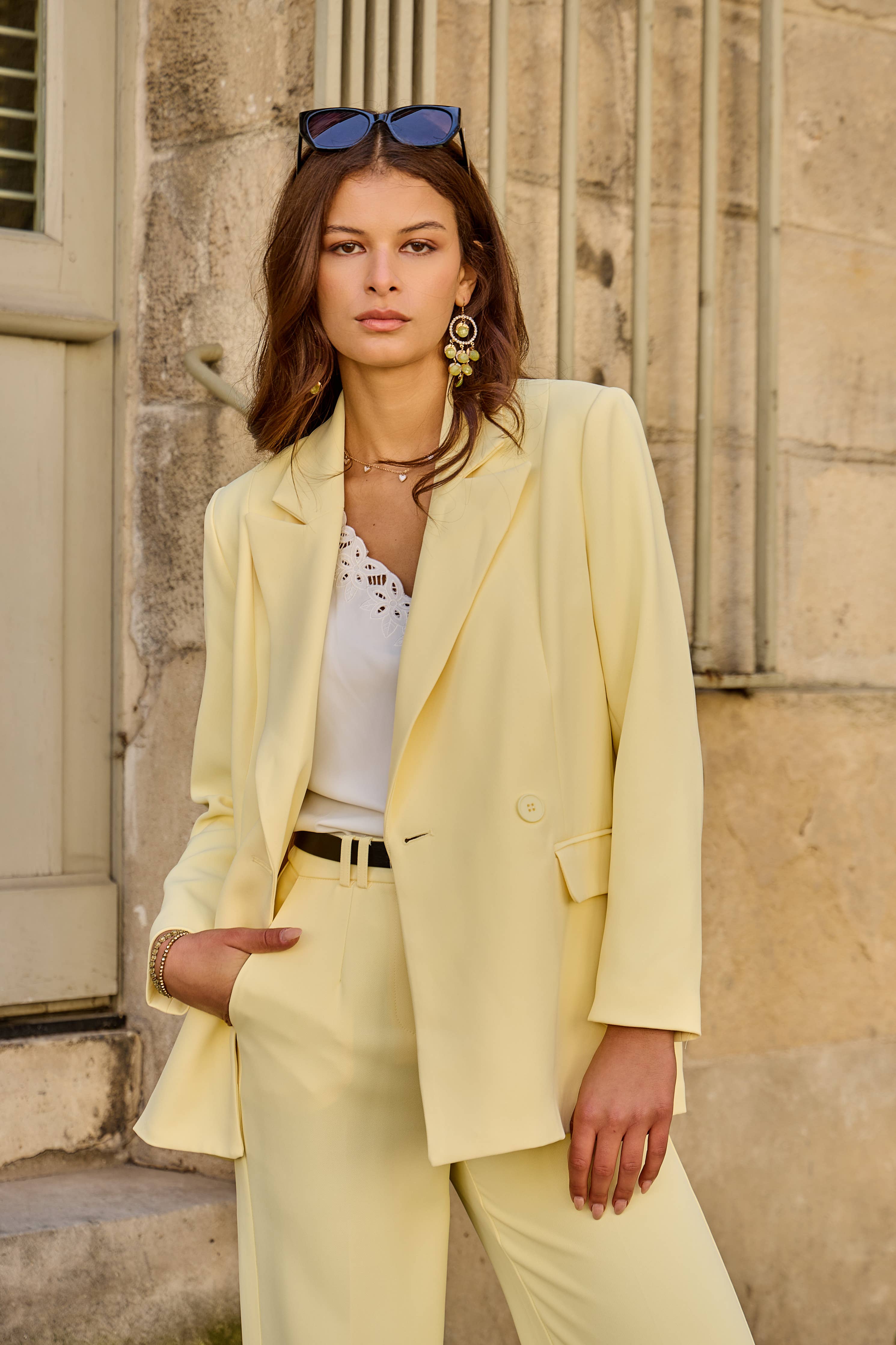 Lulumary Doppelreihiger Blazer Gelb gerader Schnitt
