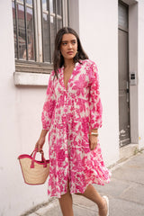 Choklate Paris Sienna Hemdblusenkleid Midilänge Florales Hibiskusmuster Pink-Weiß - Boho-Stil