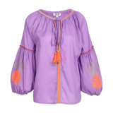 Jep Holland Lila Baumwollbluse mit oranger Blumenstickerei
