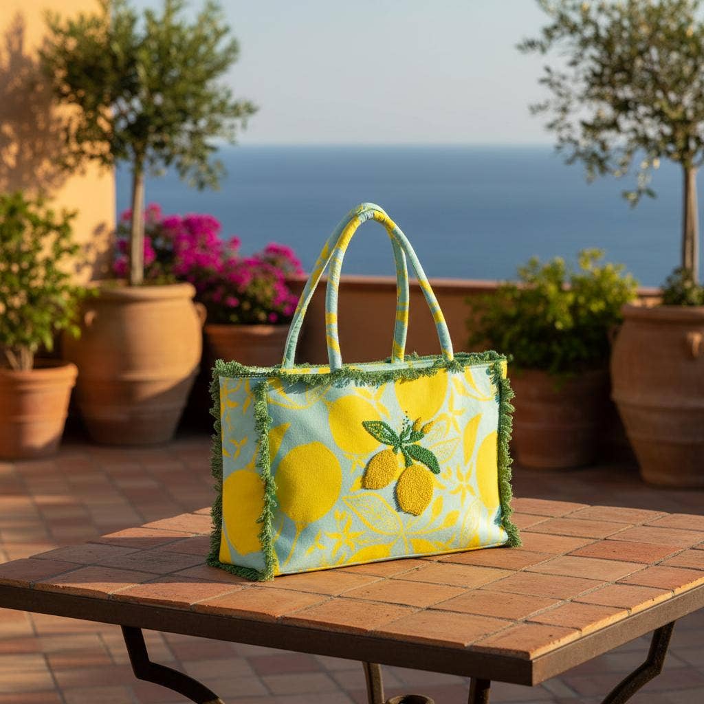 Isla Bonita by SIGRIS Tasche mit Zitronenprint & Perlenstickerei Gelb