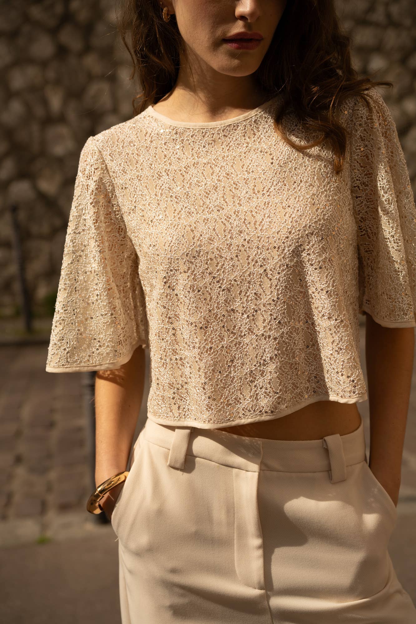 Choklate Paris Spitzen-Shirt Champagne mit Pailletten