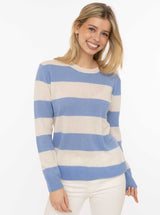 Zwillingsherz 100% Kaschmir Rundhalspullover Blockstreifen Hellblau Creme