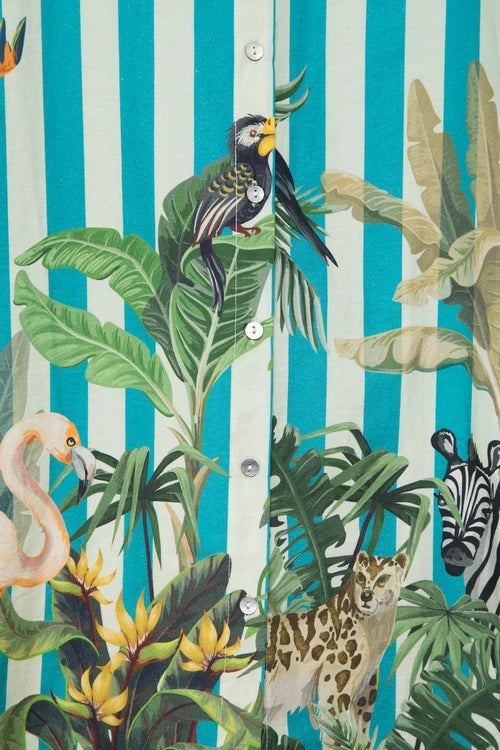 Lanidor Long-Blouse Türkis gestreift mit Tropicalprint