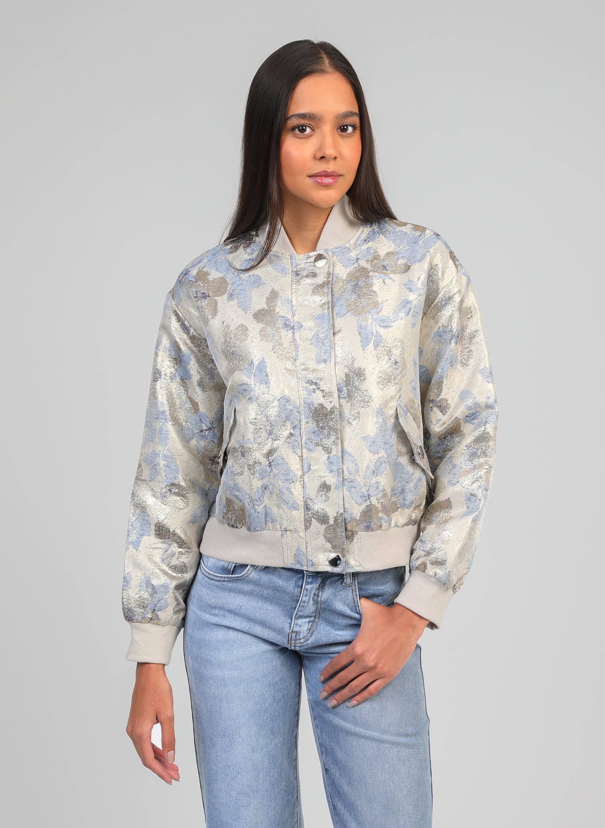 Ange Paris Jacke im Bomberstil Cassyani Brokat Silber glänzend Beige