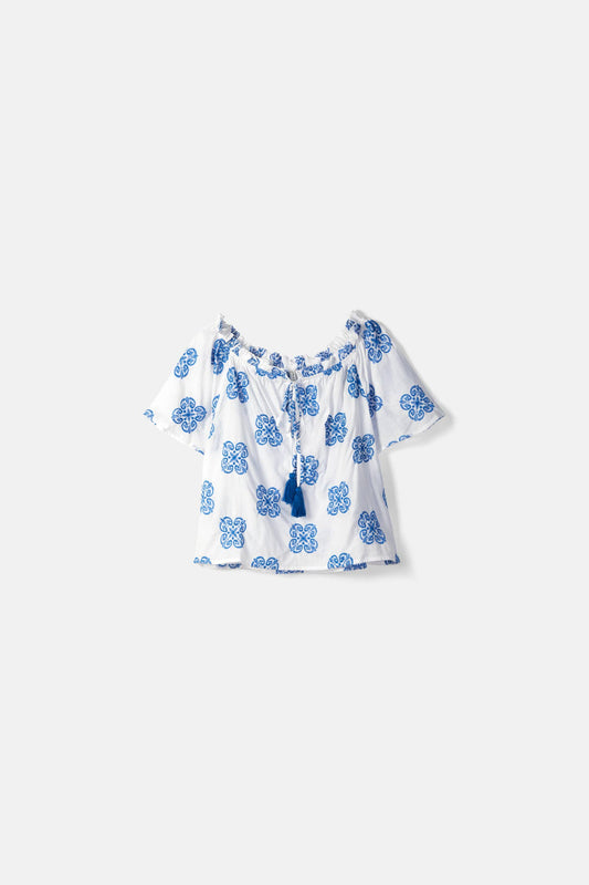 Lanidor Bluse „Azulejo“ – Off-Shoulder-Stil mit blauer Stickerei