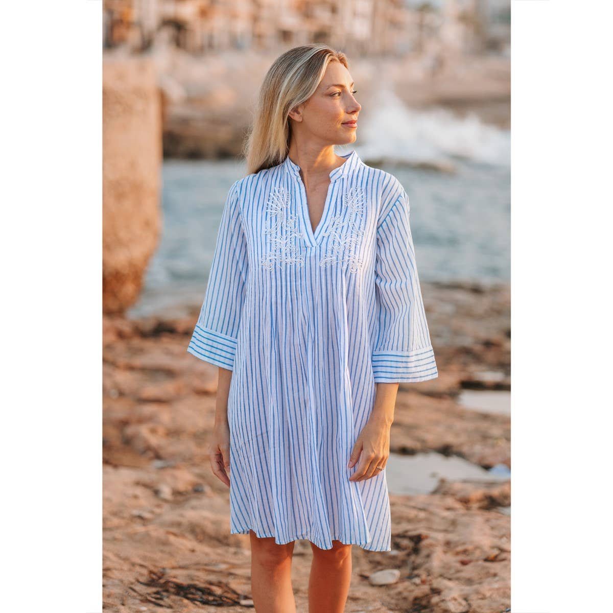 Isla Bonita by SIGRIS Sommerkleid Kurta Gestreift Hellblau 100% Baumwolle