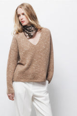 Lanidor - Pullover mit V-Ausschnitt - Meliert - Camel