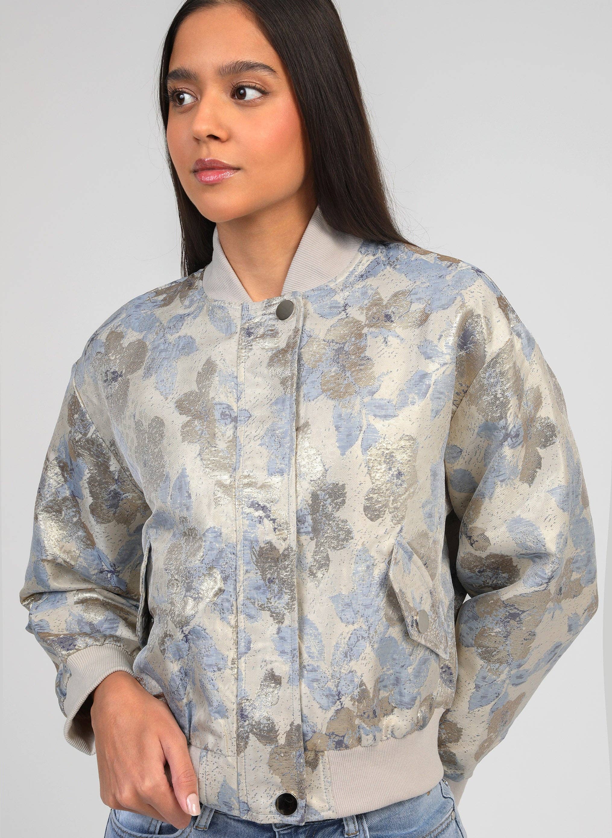 Ange Paris Jacke im Bomberstil Cassyani Brokat Silber glänzend Beige