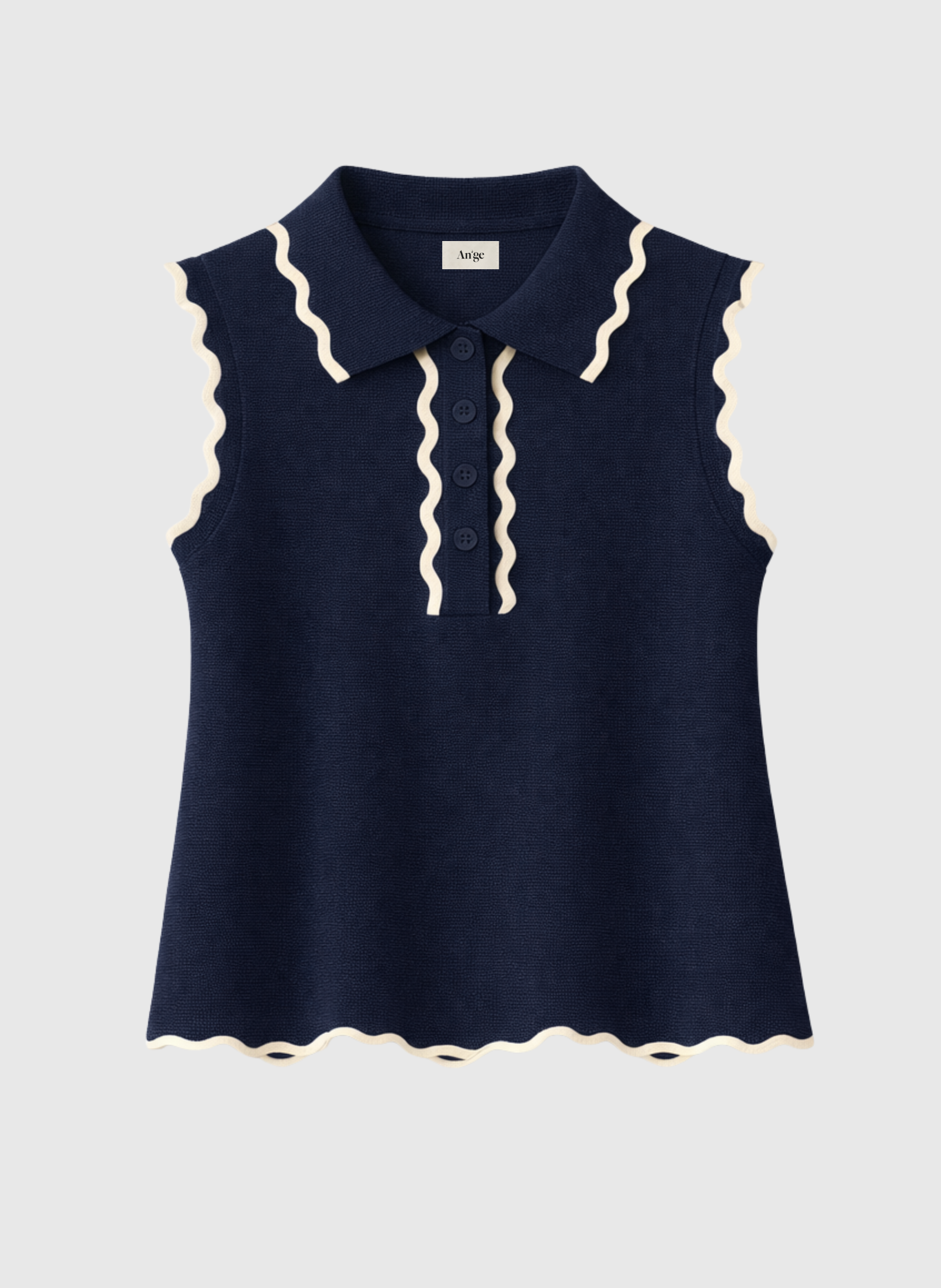 Ange Paris Feinstrick-Top Marine Blau ärmellos mit Polokragen