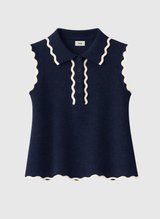 Ange Paris Feinstrick-Top Marine Blau ärmellos mit Polokragen