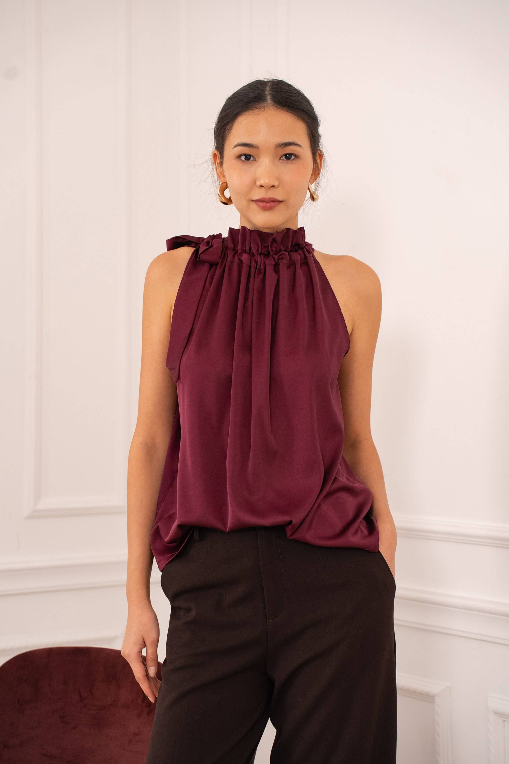 Choklate Paris Satin-Top Elisabeth dunkles Burgunderrot mit Schleife