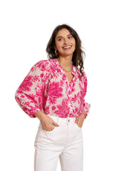 Choklate Paris Saint Tropez Bluse aus Viskose & Seide in Fuchsie - Dreiviertelarm mit V-Ausschnitt