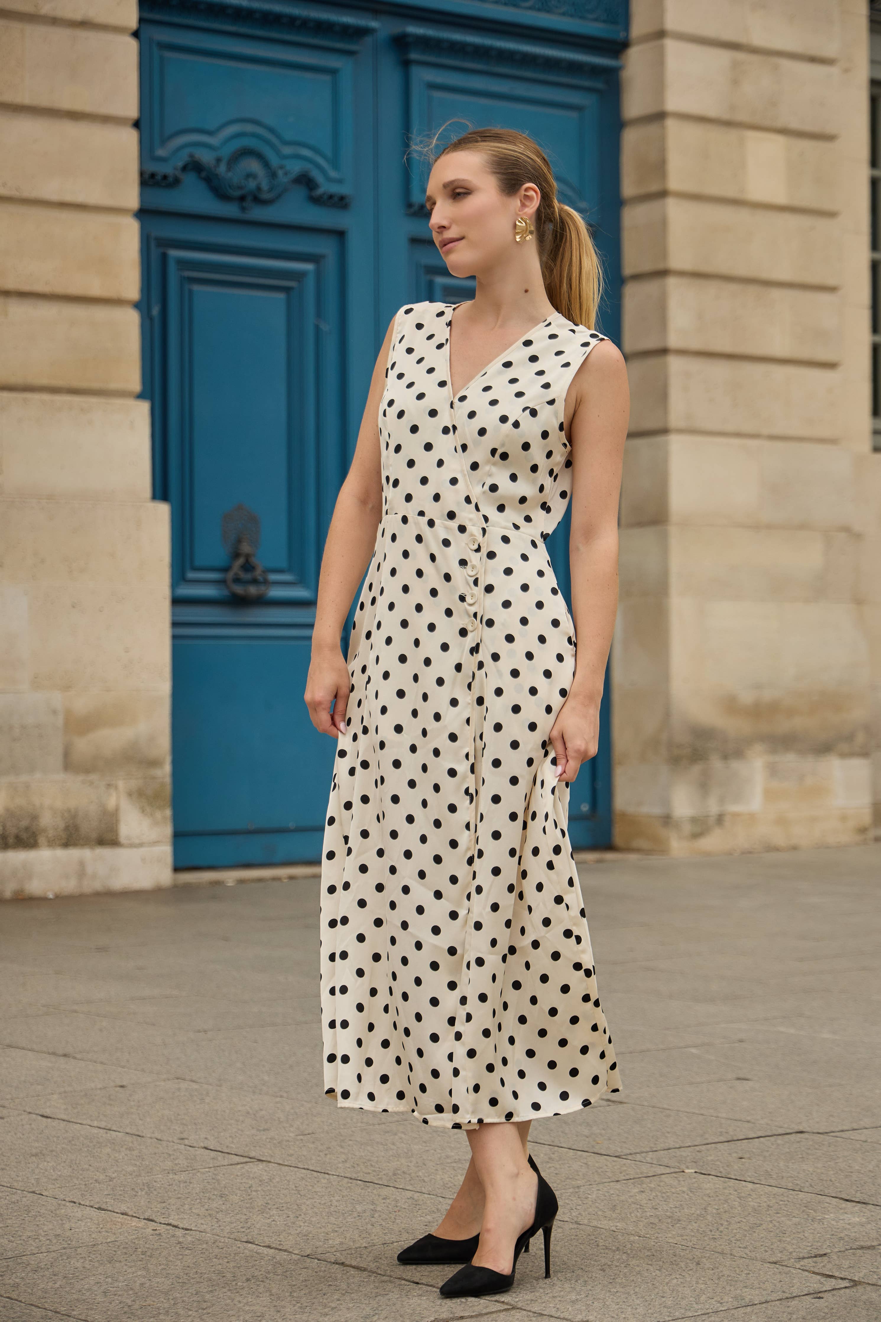 Lulumary Kleid Punkte Creme Schwarz V-Ausschnitt