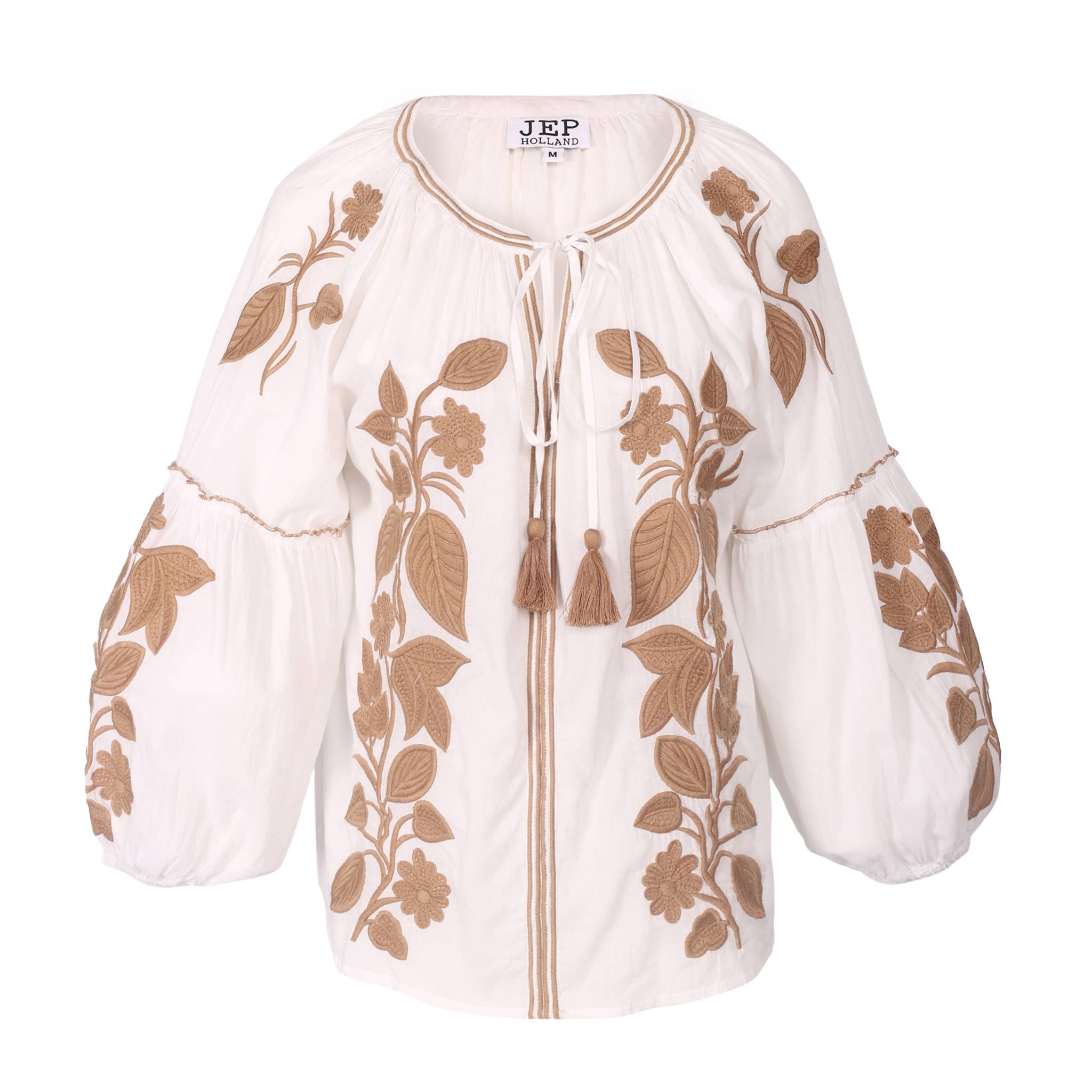 JEP Holland Bestickte Bluse Weiß Beige 100% Baumwolle Boho