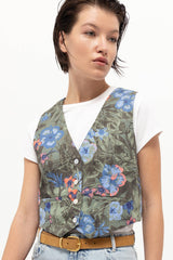 Lanidor Weste mit Blumenprint Khaki Baumwolle