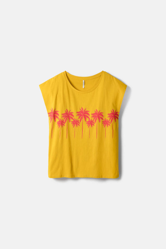 Lanidor T-Shirt "Palm Sunset" Sommer Vibes in Gelb & Pink