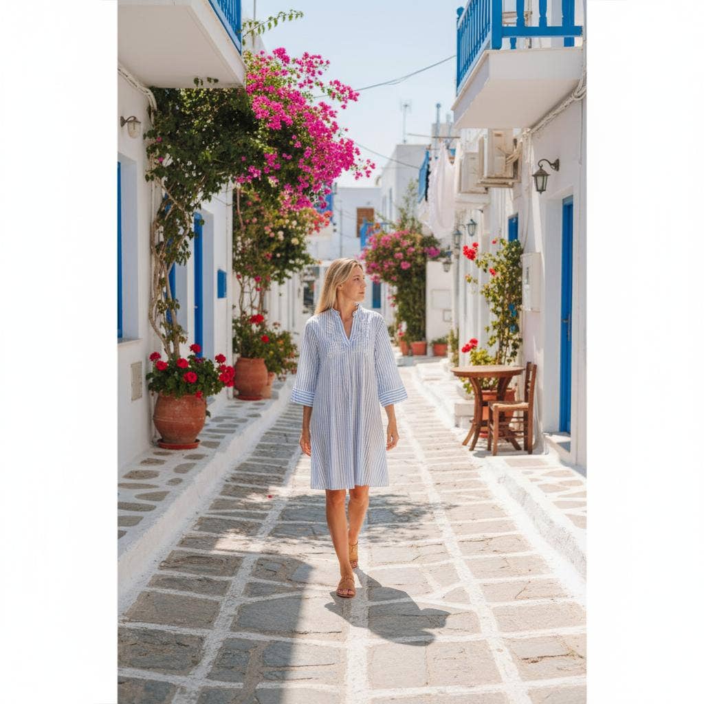 Isla Bonita by SIGRIS Sommerkleid Kurta Gestreift Hellblau 100% Baumwolle