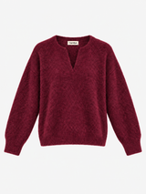 Tamba Flauschiger Angora-Strickpullover mit V-Ausschnitt in Bordeaux – lockere Passform