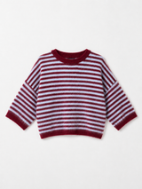 Gestreifter Oversize-Pullover in Flausch-Optik: Bordeaux / Hellblau / Einheitsgröße