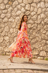 Choklate Paris Maxikleid Marbella Orange Pink Blumenprint Viskose-Seide