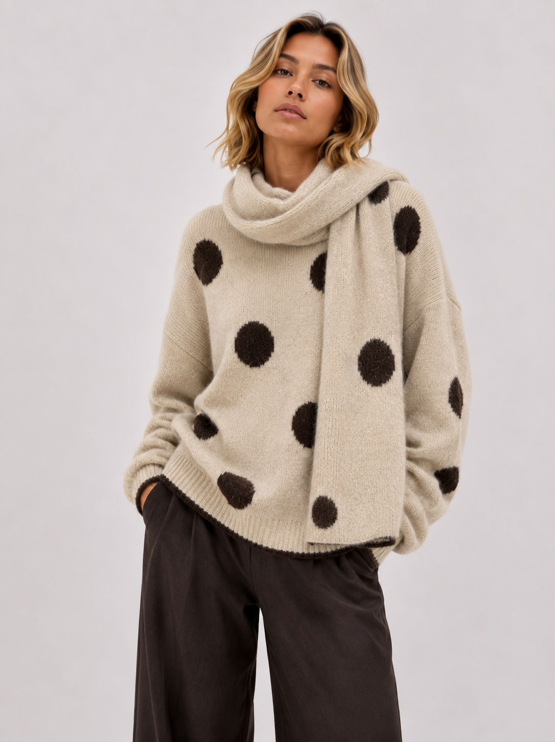 Strickpullover mit passendem Schal – Gepunktete Kollektion AP201: Braun / Standardmäßig / Eine Größe