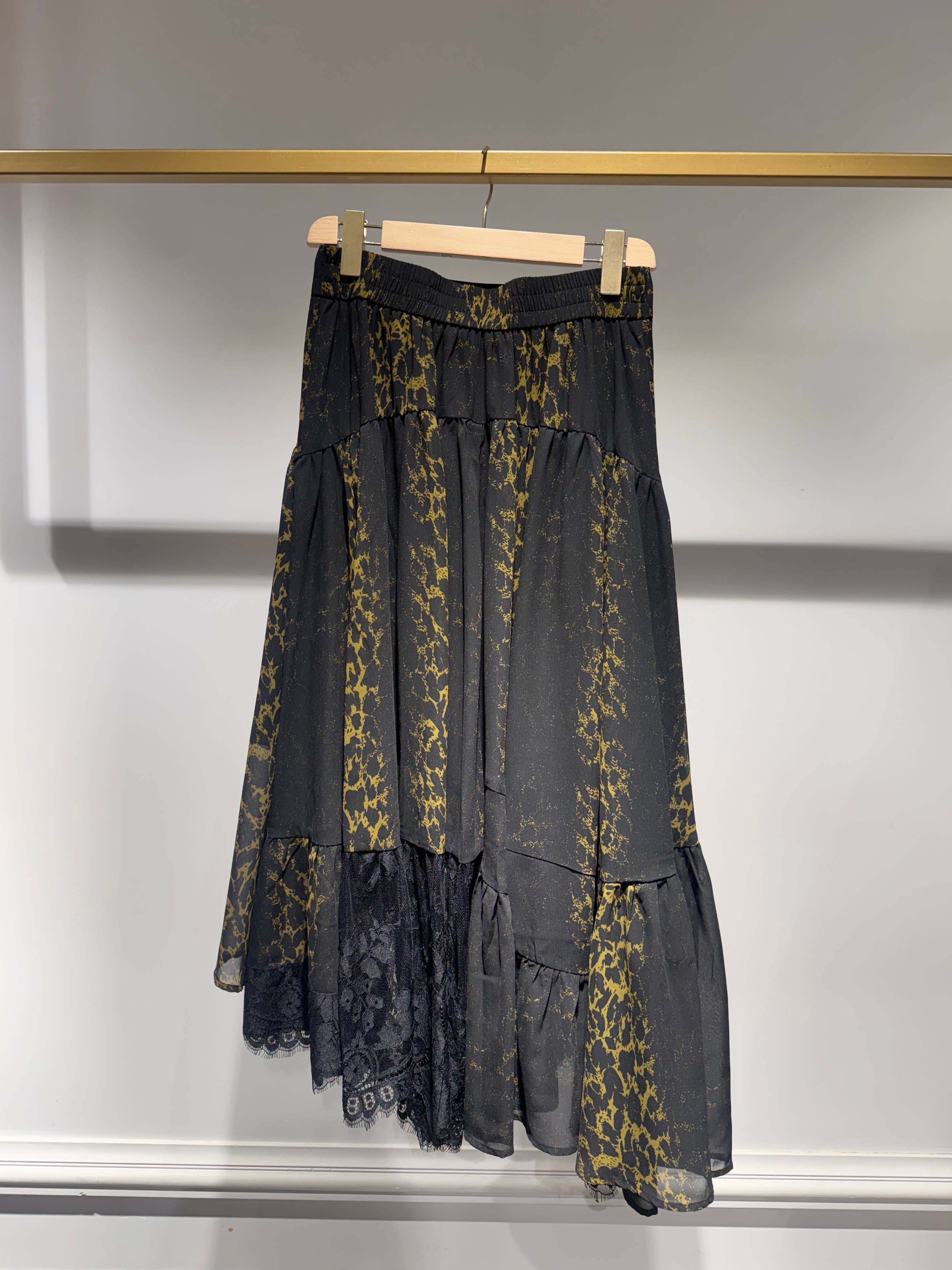 Choklate Paris asymmetrischer Leopardenrock mit Spitze Khaki