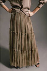 Lanidor Ausgestellter Tüllrock Midi Taupe - Elastischer Bund mit Taschen