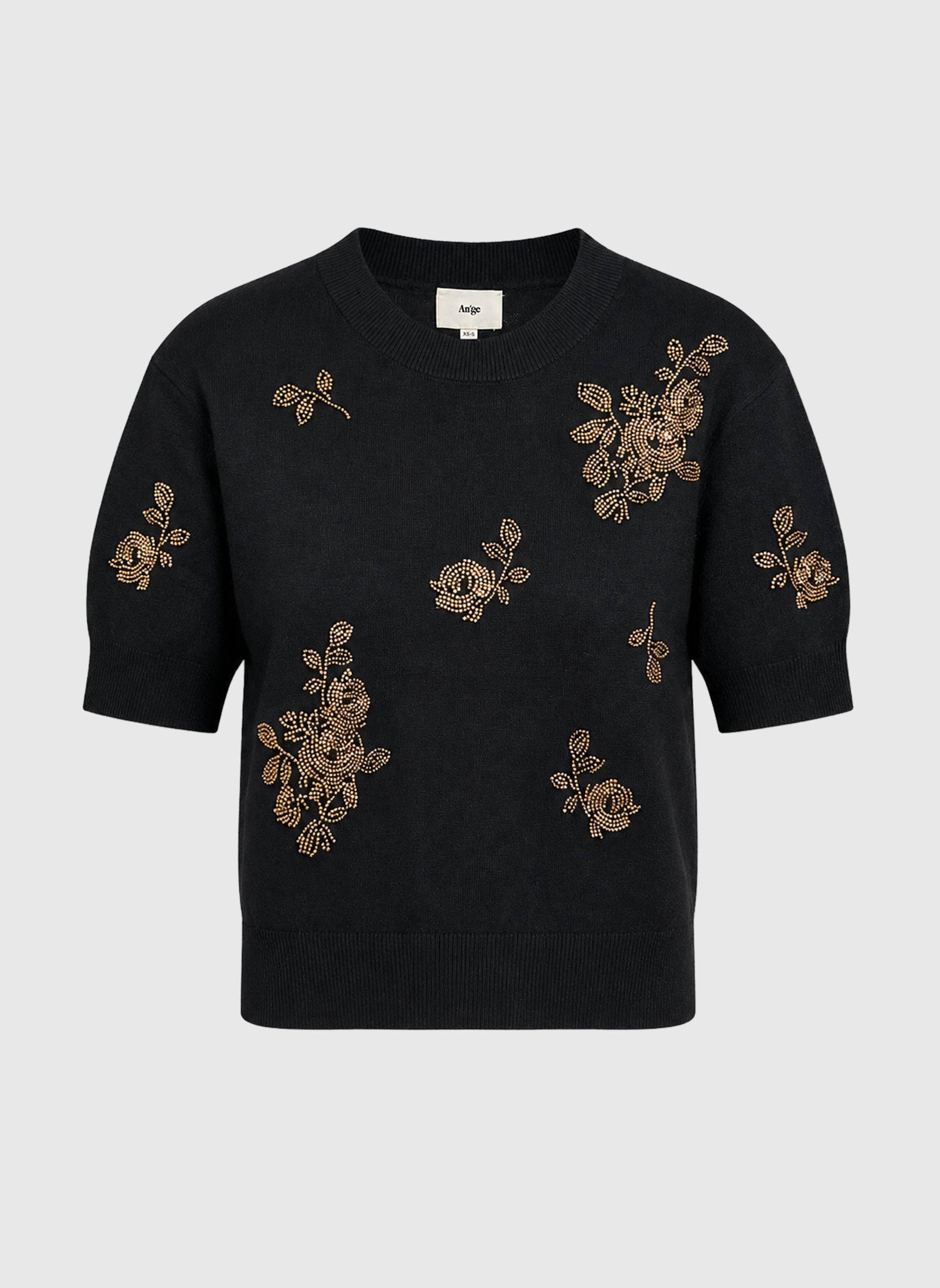 AN’GE Paris NAPAYA Kurzarmpullover Schwarz mit Strass und Perlen