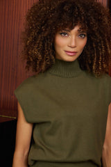 Lulumary ärmelloser Strickpullover mit Stehkragen Khaki