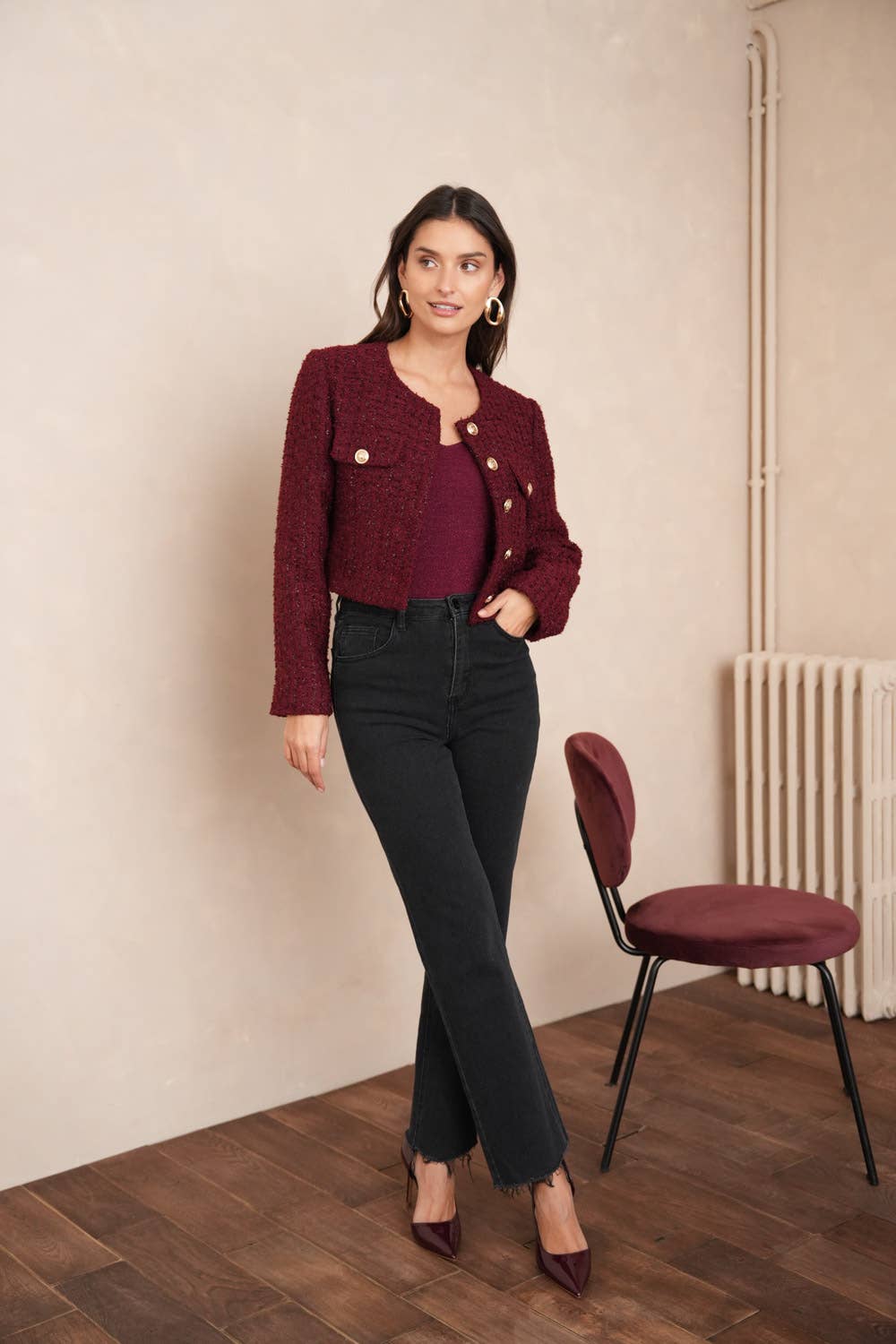 Jenny kurze Jacke aus Pailletten-Tweed - CK08346-1: Bordeaux / 1S-1L