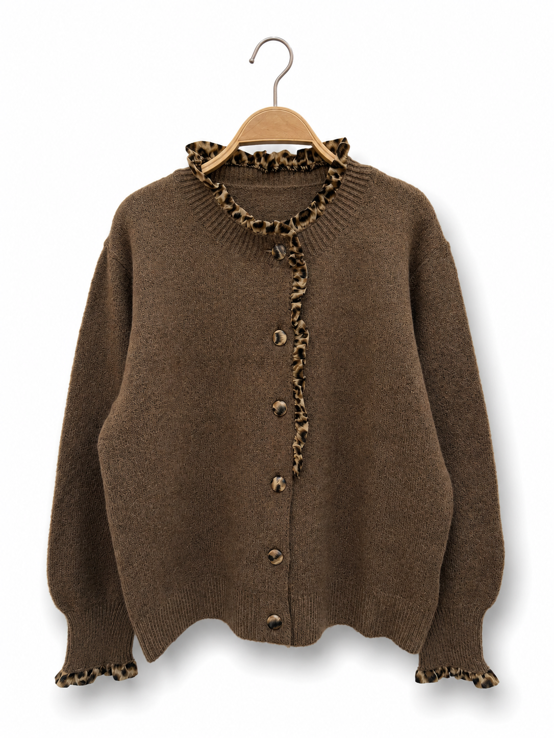 Cardigan aus Strick mit Leopardenrüschen – AP192: Brun / Standard / Taille unique
