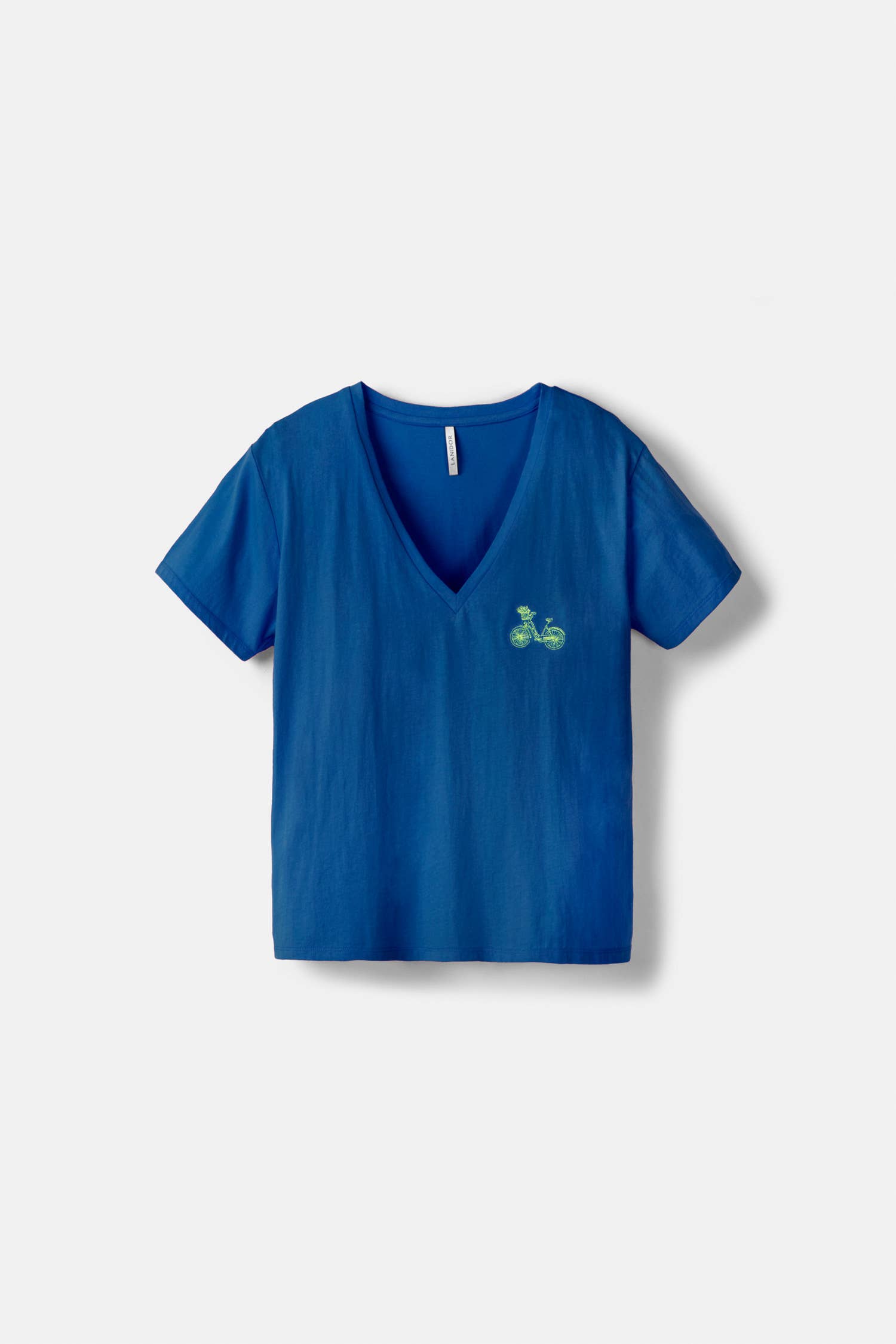 Blaues T-Shirt mit Fahrrad-Stickerei von Lanidor - V-Ausschnitt