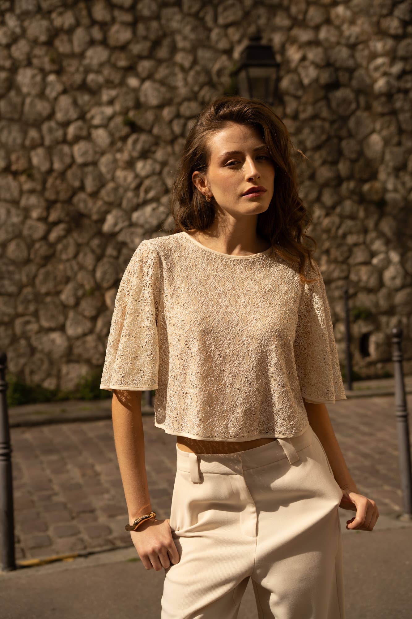 Choklate Paris Spitzen-Shirt Champagne mit Pailletten