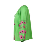 Jep Holland Florence Grün Baumwollbluse mit pinker Blumenstickerei
