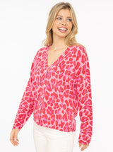 Zwillingsherz Cardigan mit Knöpfen - 100% Kaschmir - Leoprint - Bubblegum