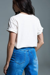 Q2 T-Shirt Peace-Print Weiß Baumwolle