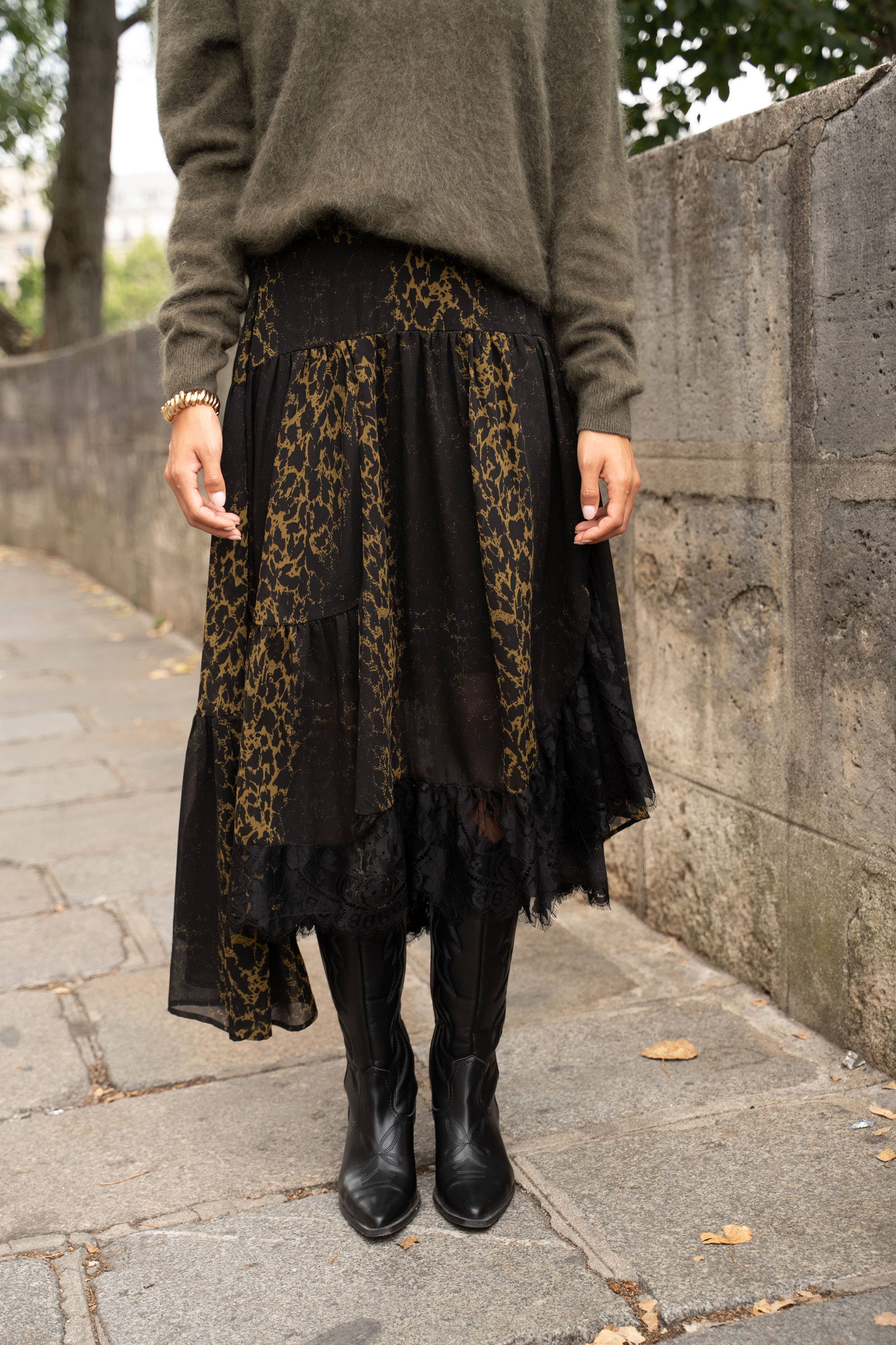 Choklate Paris asymmetrischer Leopardenrock mit Spitze Khaki