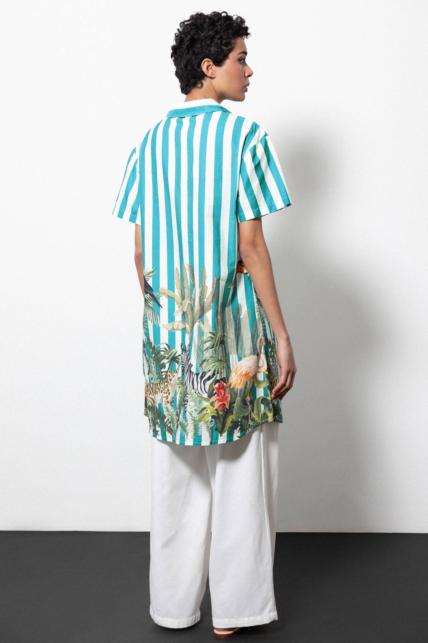 Lanidor Long-Blouse Türkis gestreift mit Tropicalprint