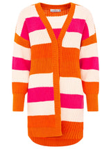 Zwillingsherz - Cardigan Grobstrick mit Streifen in Orange-Pink-Weiß - Viskosemischung