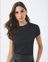 T-.Shirt "Carolina" in elegantem Schwarz mit floralem Motiv aus Glitzerperlen - Leo & Ugo