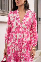 Choklate Paris Sienna Hemdblusenkleid Midilänge Florales Hibiskusmuster Pink-Weiß - Boho-Stil