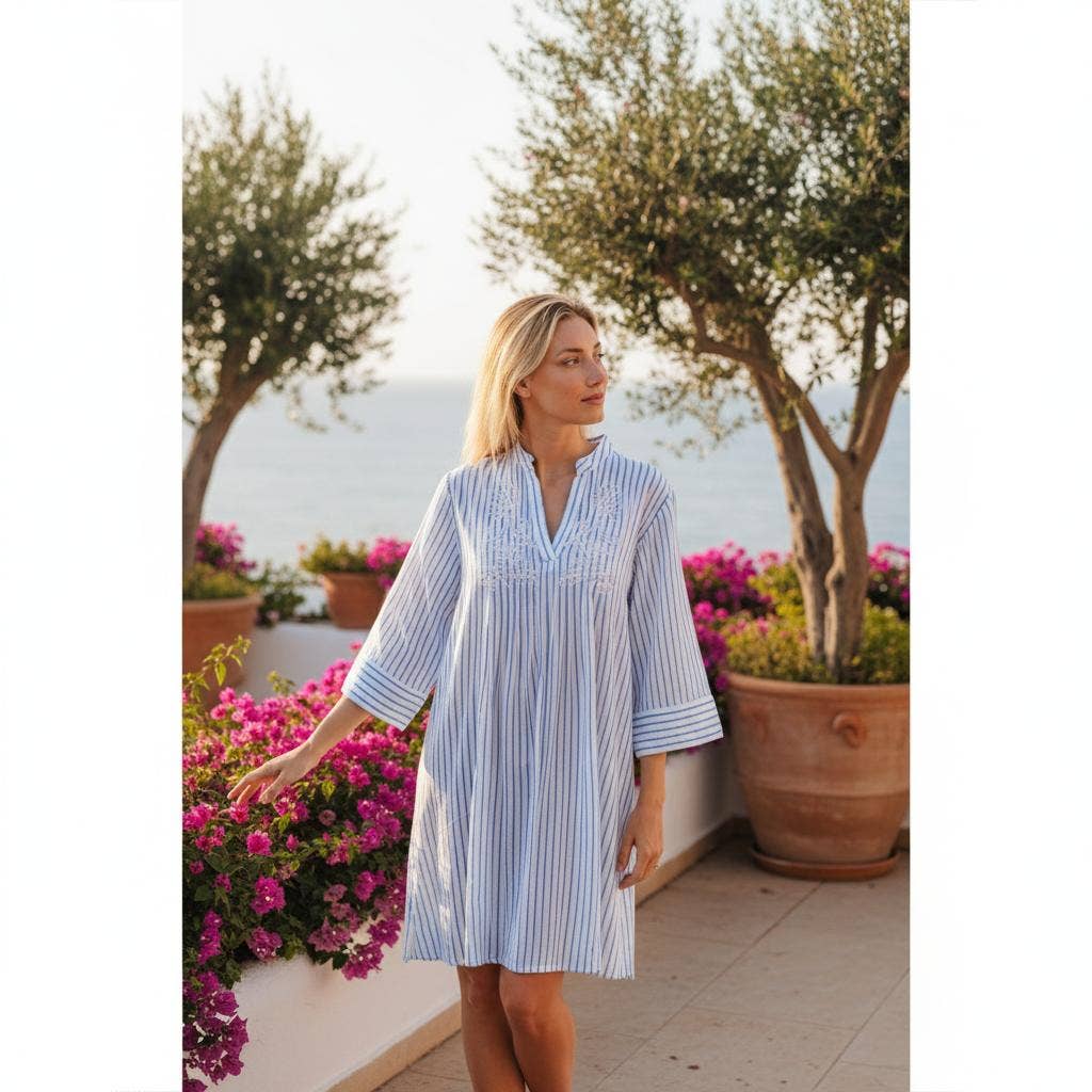 Isla Bonita by SIGRIS Sommerkleid Kurta Gestreift Hellblau 100% Baumwolle