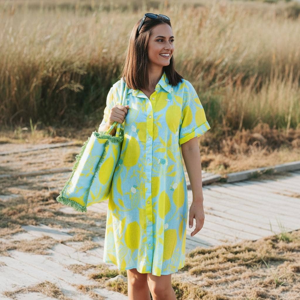 Isla Bonita by SIGRIS Tasche mit Zitronenprint & Perlenstickerei Gelb