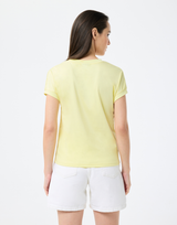 T-.Shirt "Carolina" in zartem Gelb mit floralem Motiv aus Glitzerperlen - Leo & Ugo