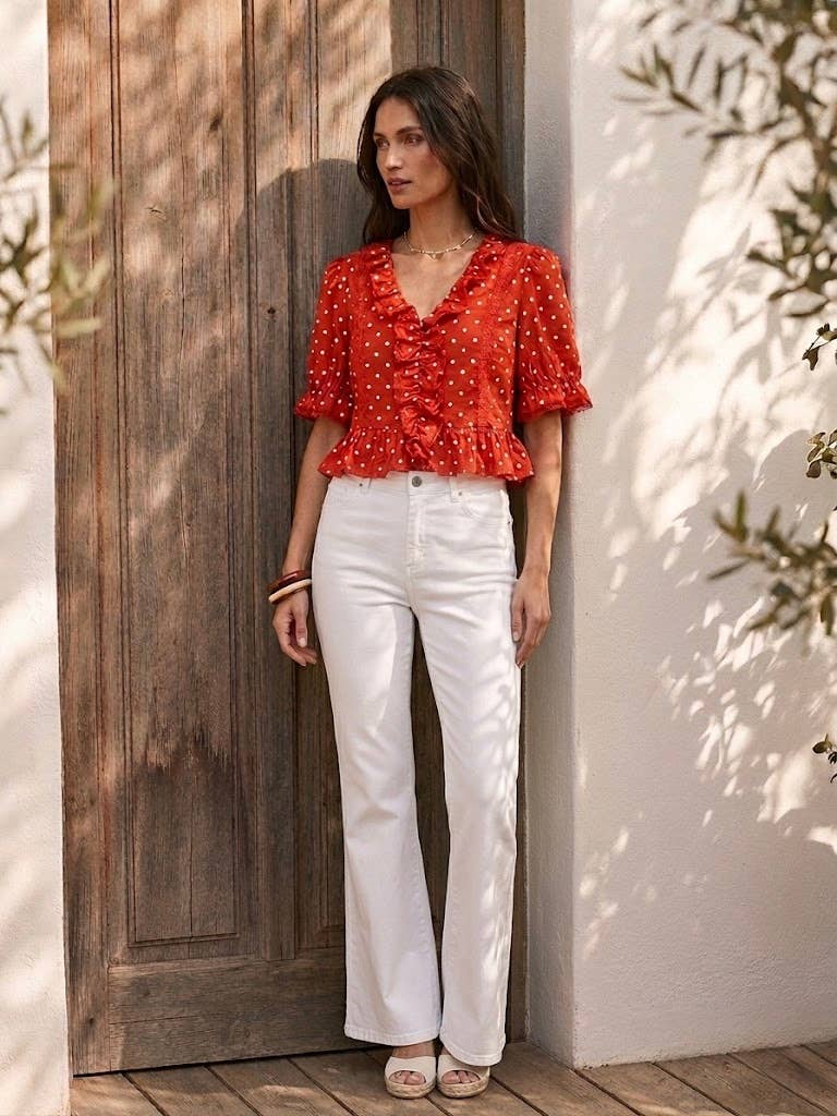 Choklate Paris Bluse Suzzie Rouge mit weißen Punkten | Cropped Baumwollbluse
