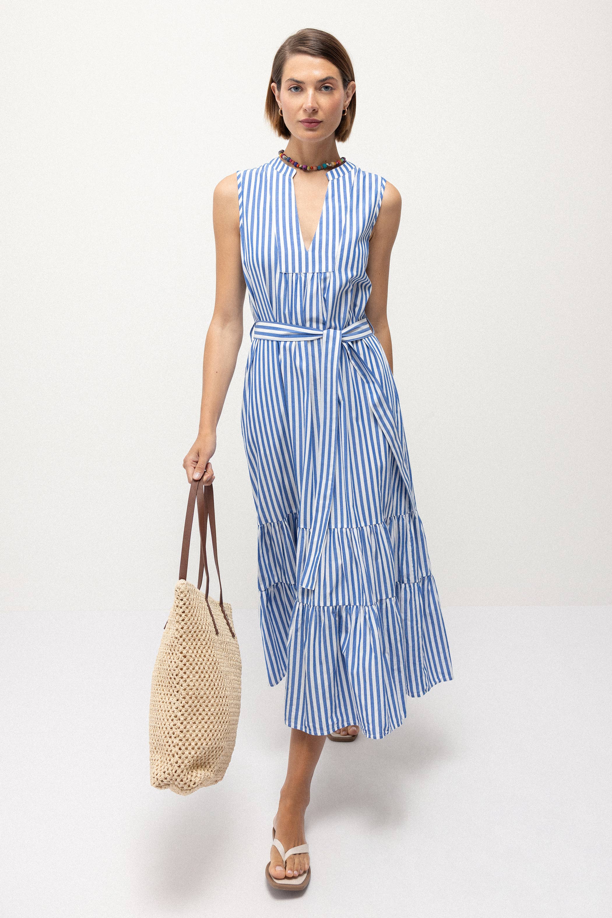 Lanidor Midikleid Blau Weiß Gestreift mit Bindegürtel