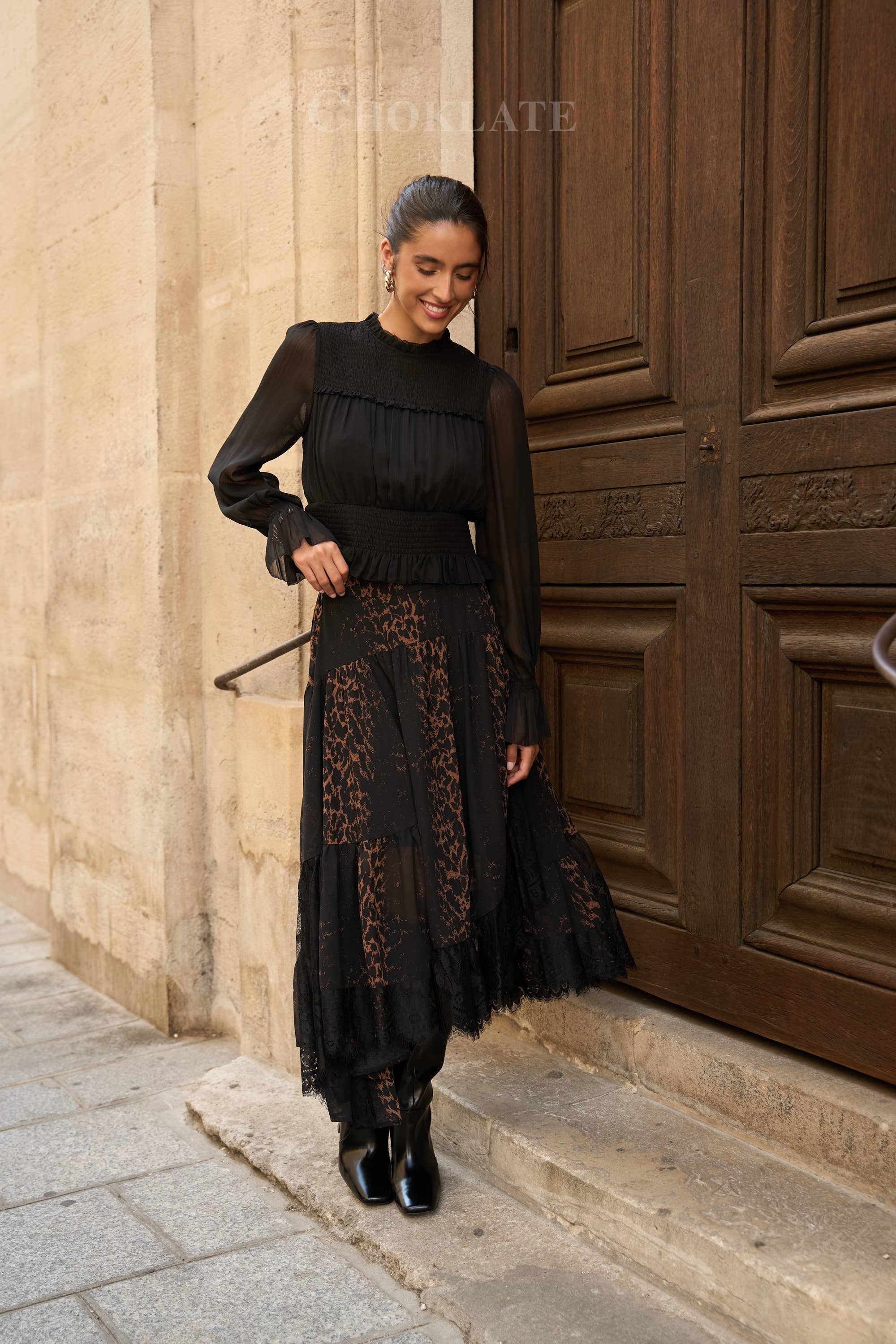 Choklate Paris asymmetrischer Leopardenrock mit Spitze in Kakao